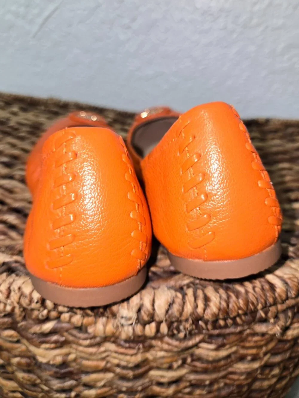 Tory Burch Orange Leather Logo Ballet Flats Gold Double T Size 8 NWOT